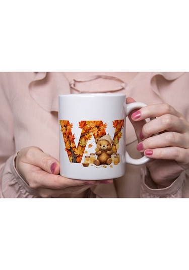 W Harf Sonbahar Yaprak Temalı Kupa Bardak - Sevimli Figürler İle Alfabe Harfli Bardak - Kişiye Özel Beyaz