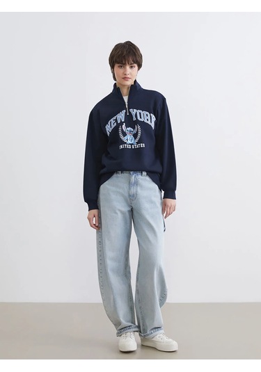 Lc Waikiki Lacivert Dik Yaka Stitch Baskılı Oversize Kadın Sweatshirt