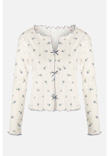 Kadın Pamuklu Çıtır Çiçek Desenli Baby Overloklu Fiyonk Detaylı Uzun Kollu Pijama Takımı Ko70142-3