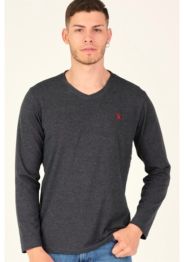 T8587 Dewberry V Yaka Erkek Uzun Kol T-shırt-antrasit Antrasit