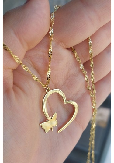 925 Ayar Gümüş 24 Ayar Altın Kaplama Kelebekli Kalp Kolye