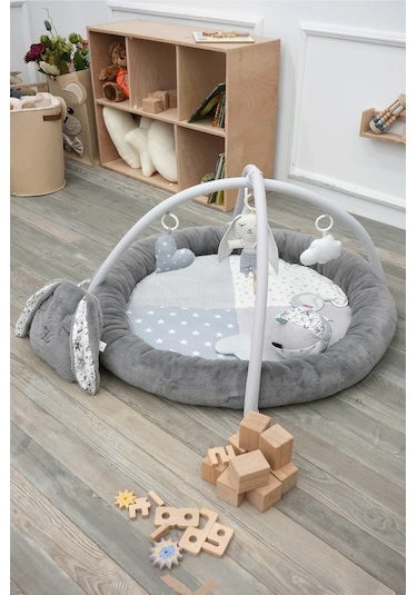 Mordesign Bebek Oyun Alanı, Tavşanlı Bebek Aktivite Matı, Yumuşak Oyun Matı, Baby Gym Serisi, Gri