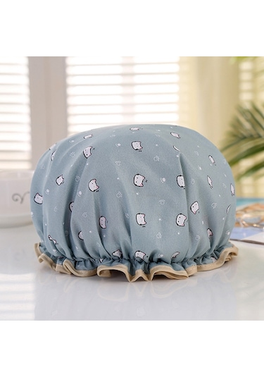Duş Başlığı Şapka Çift Katmanlı Ev Banyo Aksesuarları Elastik Yeniden Kullanılabilir Banyo Yetişkin Sevimli Kedi Baskılı Karikatür Mavi