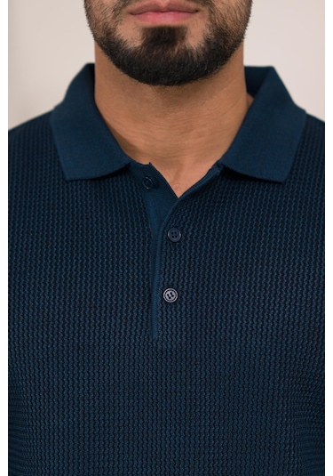 Woolen World Polo Yaka Armürlü Yünlü Erkek Triko Kazak Lacivert