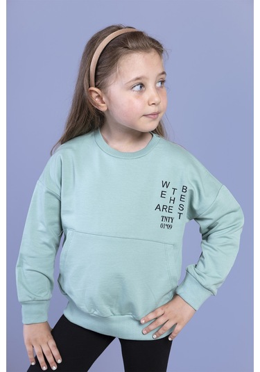 Toontoy Kız Çocuk Kanguru Cepli Göğsü Yazı Baskılı Sweatshirt Yeşil