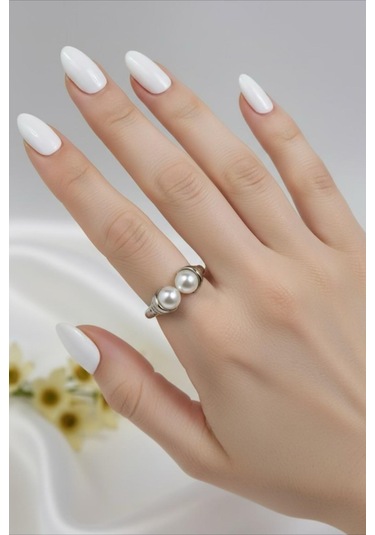 İncili Gümüş Renkli Ayarlanabilir Çelik Yüzük Gümüş