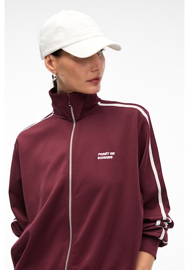 ZINNIE Kadın Regular Nakış Ve Yan Şerit Detaylı Metal Fermuarlı Dik Yaka Bordo Ceket