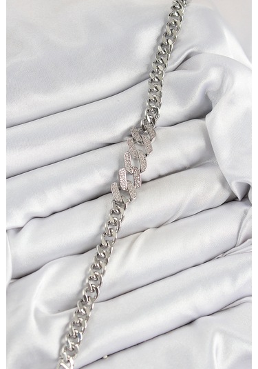 Pirinç Zirkon Taşlı Ezme Küba Zincir Model Gümüş Renk Kadın Bileklik - Tj-bb7550 Çok Renkli