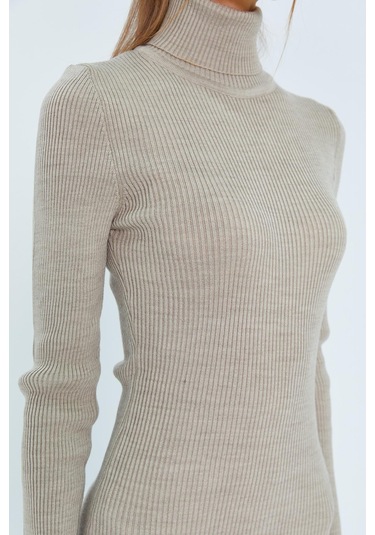 6889 Kadın Balıkçı Yırtmaçlı Uzun Triko Elbise Taş Taş