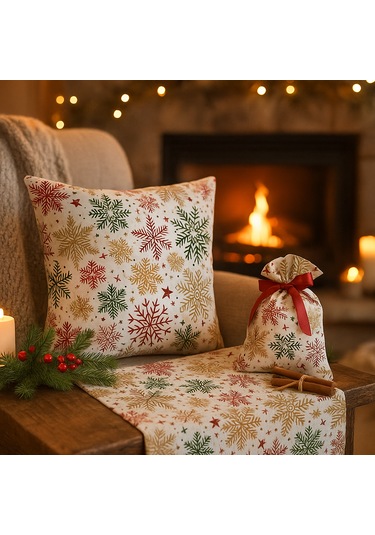 Yılbaşı Temalı Masa Runner + Kırlent Kılıfı + Hediye Kesesi Kombin Set Kar Tanesi Desenli Beyaz - Bej