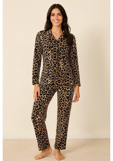 Kadın 6443 Süet Düğmeli Uzun Kol Pijama Takımı Leopar LEOPAR