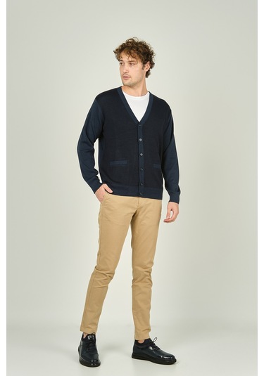 Ateş Triko Erkek Cep Detaylı V Yaka Yün Hırka 4490 Indigo Indigo İndigo