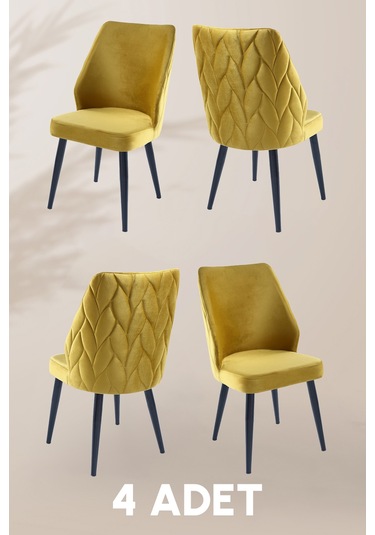 Puffy Sandalye - Babyface Sarı- Metal Siyah Ayak 4 Adet - Salon Sandalyesi / Mutfak Sandalyesi Sarı