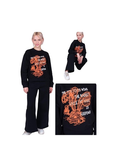 Kız Çocuk Neon Tavşan Baskılı Tasarım Teenage Sweatshirt-13402-siyah Siyah