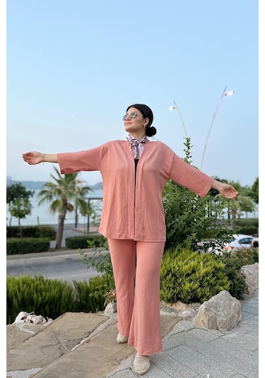 İpli Somon Renk Cep Detaylı Bol Paça Kimono Takım Somon