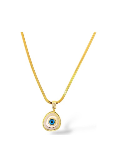 Beyaz Mineli Nazar Çelik Kolye Altın - Gümüş