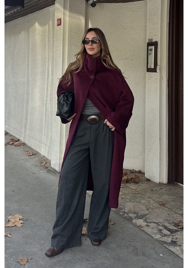 Bordo Vittoria Düğmeli Yaka Kaban - 2511 Bordo