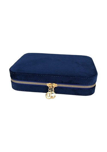 Özer Kutu Fermuarlı Deri Ahşap Kasalı Büyük Boy Takı, Seyahat Ve Mücevher Çantası Lacivert Süet 14x21 Cm