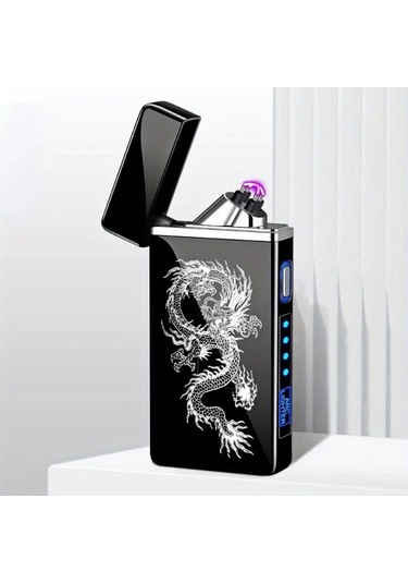 Techbloom Black Dragon Kişisel Led Ekranlı Akıllı Sensörlü Rüzgar Geçirmez Çift Arklı Alevsiz Usb Şarjlı Elektrikli Çakmak Açık Gri