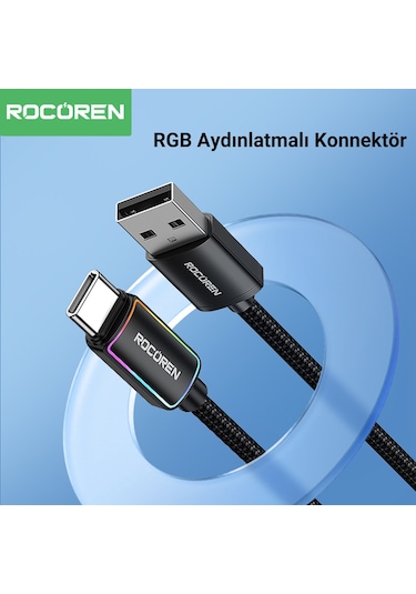 Rocoren Type-c To Usb-a Rgb Aydınlatmalı 3a Hızlı Şarj Ve Data Kablosu 1 Metre