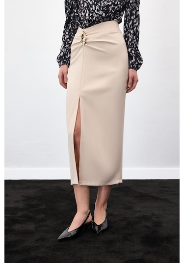 Sateen Gold Yan Aksesuarlı Etek - Bej-136885 Bej