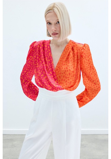 Sateen Kruvaze Desenli Bodysuit - Oranj-Fuşya Fuşya - Turuncu