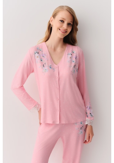 Suwen Jane Maskülen Pijama Takımı Sh26216660b1111 Pembe Puantiyeli