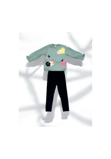 Kız Çocuk Çiçek Desenli İçi Şardonlu Kadife Taytlı Takım-14515 Yeşil