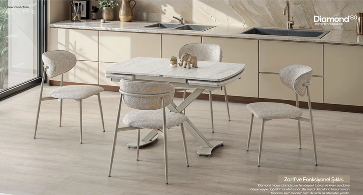 Dengema Diamond Açılır Masa Takımı Traverten Desen Kapuçino Metal Ayak, 4 Sandalyeli, 80x120/180 Cm Traverten - Kapuçino Ayak Dengema Diamond Açılır Masa Takımı Traverten Desen Kapuçino Metal Ayak, 4 Sandalyeli, 80x120/180 Cm Traverten - Kapuçino Ayak