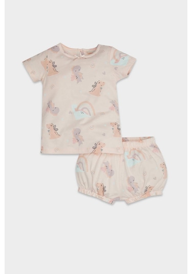 DeFacto Kız Bebek Pijama Takımı Dinazor Baskılı Kısa Kollu Penye Üst Beli Lastikli Şort D8295A5NSPN262 Pembe