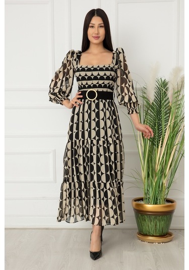 Kalopya Bayan Göğüs Büzgülü Şifon Elbise 9027 Ekru