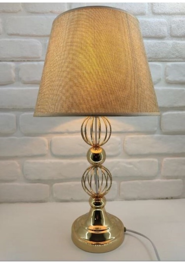 Gold Altın Renk Tel Toplu Metal Ayaklı Kahverengi Şapkalı Abajur Altın - Kahverengi