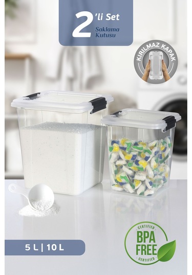 2'li Set 5-10l Kilit Kapak Saklama Kutusu Deterjanlık - Un Bakliyat Erzak Saklama Kabı Organizer Box Şeffaf