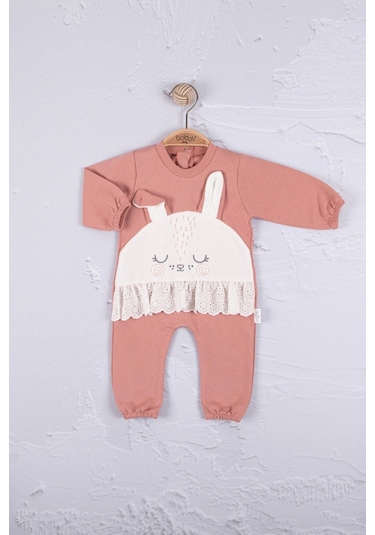 Tavşan Nakışlı Güpürlü % 100 Pamuk Kız Bebek Tulumummmmm Pembe