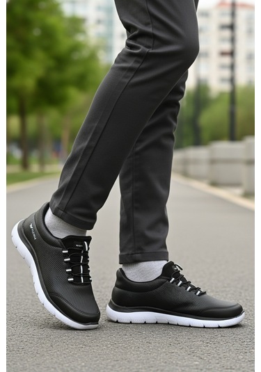 Siyah Beyaz Bilekten Lastikli Erkek Spor Ayakkabı Flexible Pu M Siyah - Beyaz