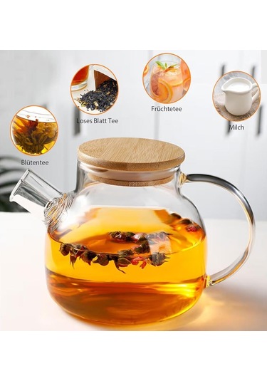 1000 Ml Bambu Kapaklı Isıya Dayanıklı Cam Demlik Cam Sürahi Şeffaf