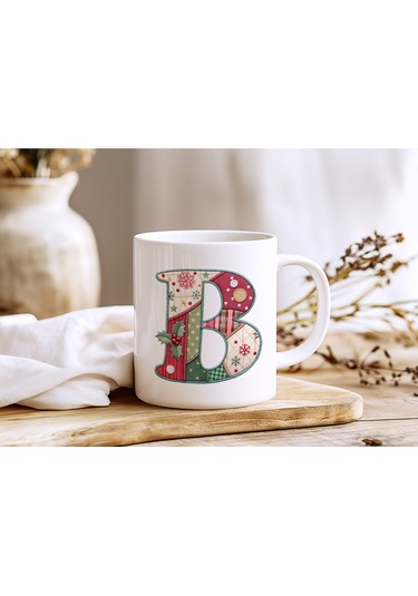 B Harfi Yılbaşı Temalı Kupa Bardak - Yeni Yıl Konsept Yamalı Efekt Tasarım - Noel Hediye Beyaz