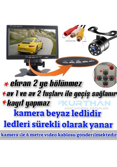 1 Adet Beyaz Ledli Kelebek Kamera 7'' Ekran Set Kayıt Yapmaz 12v