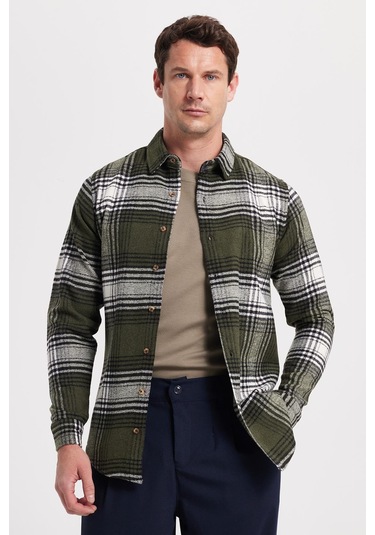 Tudors Erkek Slim Fit Dar Kesim Kareli Kışlık Oduncu Gömlek-42372 Haki