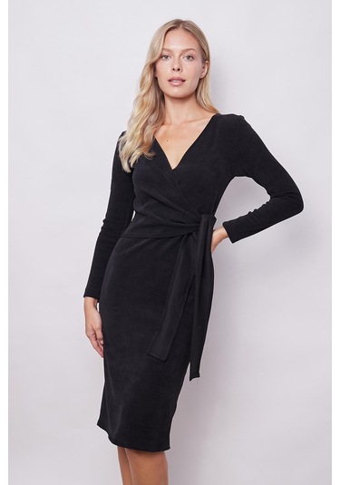 Kadın Hafif Likralı Triko Kruvaze Anvelop Bağcıklı Uzun Kol Diz Altı Uzun Elbise-siyah Siyah