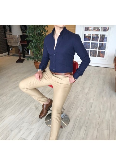Italyan Stil Slim Fit Dik Yaka Saten Erkek Gömlek Koyu Lacivert T