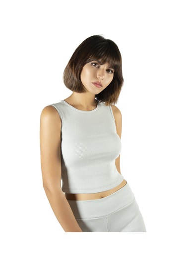 Çağla Yeşili Fitted/vücuda Oturan Crop Halter Yaka Fitilli Esnek Örme Bluz Atlet Çağla Yeşili