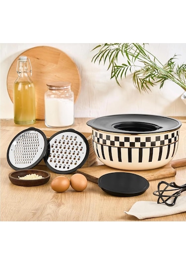 Prime Cream 5 Parça Rendeli Saklama Ve Karıştırma Kabı 24 Cm Ve Emaye Servis Tepsisi 28 Cm Krem