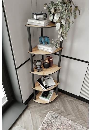 Masivo Köşe Kitaplık Safir Meşe 5 Katlı Meşe