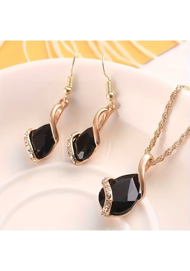 Moda Zirkon Taşlı İşlemeli Kolye, Küpe Set, Sevgililer Günü Siyah