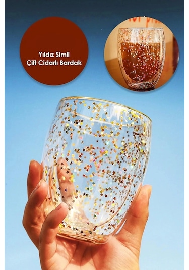 4'lü Çift Cidarlı Bardak Yıldız Simli Kahve Sunum Kokteyl Bardağı Isıya Dayanıklı Borosilikat 250ml
