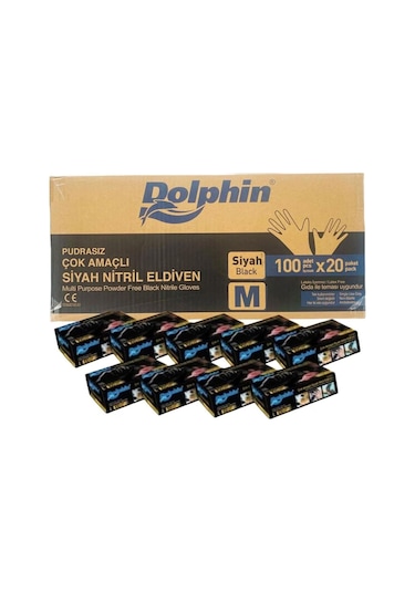 Dolphin Tek Kullanımlık Lateks Siyah Pudrasız Nitril Muayne Eldiveni Meidum - 100'lü 20 Paket