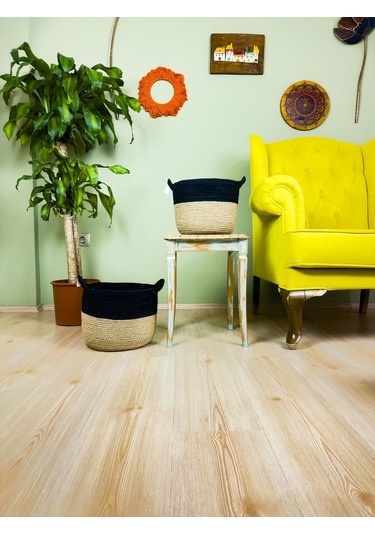 Bitki Tasarımı Düzenleyici Kulplu Üstü Siyah Şeritli Doğal Örgü Sepet İkili Set Büyük-orta