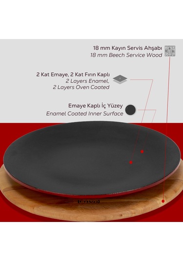 Lava Döküm Yuvarlak Servis Tabağı Ve Kayın Servis Ahşabı. Çap Ø 21cm.-bordo Bordo