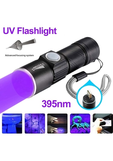MSO Ultraviyole USB Şarjlı 365nm & 395nm Değerli Taş & Epoksi Led Fener Siyah